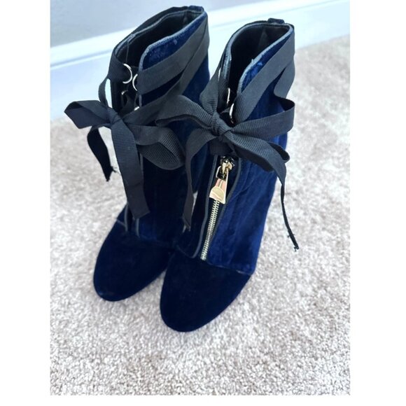 Zara TRF Midnight Blue Velvet Heeled Ankle Boots - Picture 1 of 8